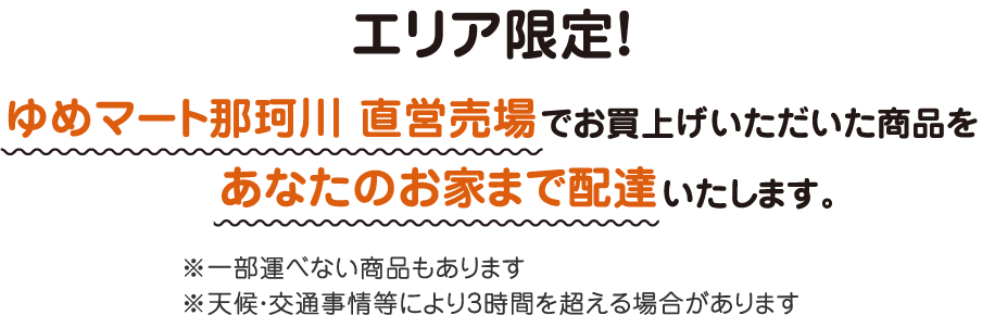 エリア限定! ゆめマート那珂川 直営売場でお買い上げいただいた商品をあなたのお家まで配達いたします。 ※一部運べない商品もあります ※天候・交通事情等により3時間を超える場合があります